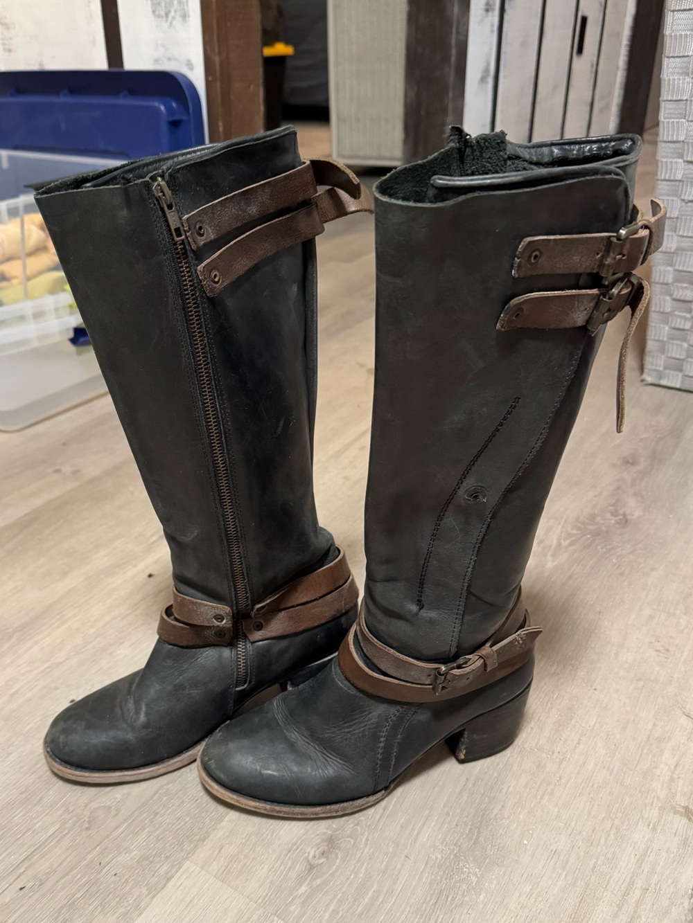 Freebird by Steven Black Leather Knee-High Heeled Boots with Brown Straps - Picture 1 of 4